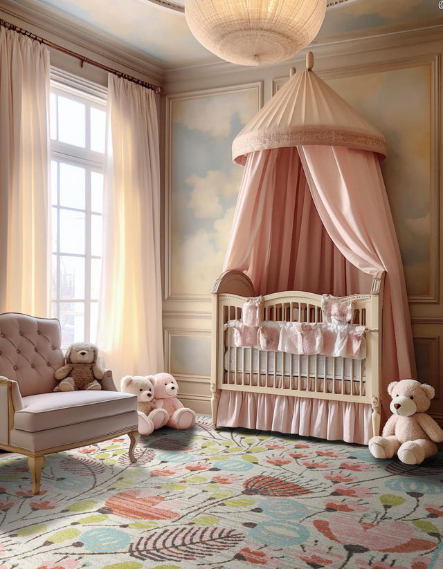 Ivory 7' 10 x 7' 10 Whimsy Kids Square Area Rug for Baby Nursery, Toddler Playroom, Bedrooms