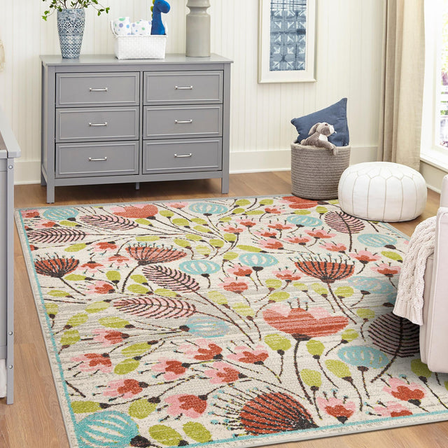 Ivory 7' 10 x 7' 10 Whimsy Kids Square Area Rug for Baby Nursery, Toddler Playroom, Bedrooms
