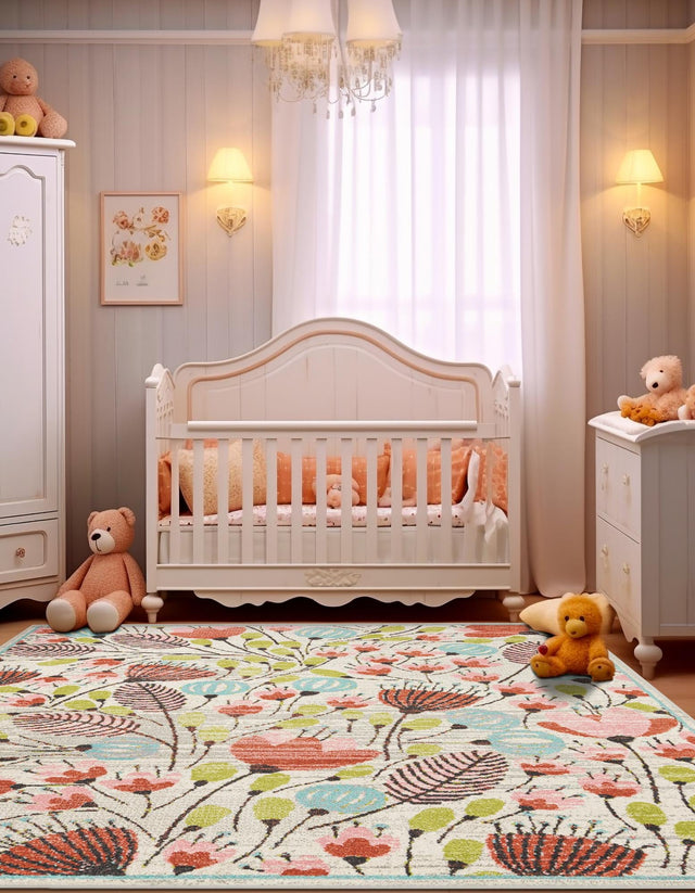 Ivory 7' 10 x 7' 10 Whimsy Kids Square Area Rug for Baby Nursery, Toddler Playroom, Bedrooms