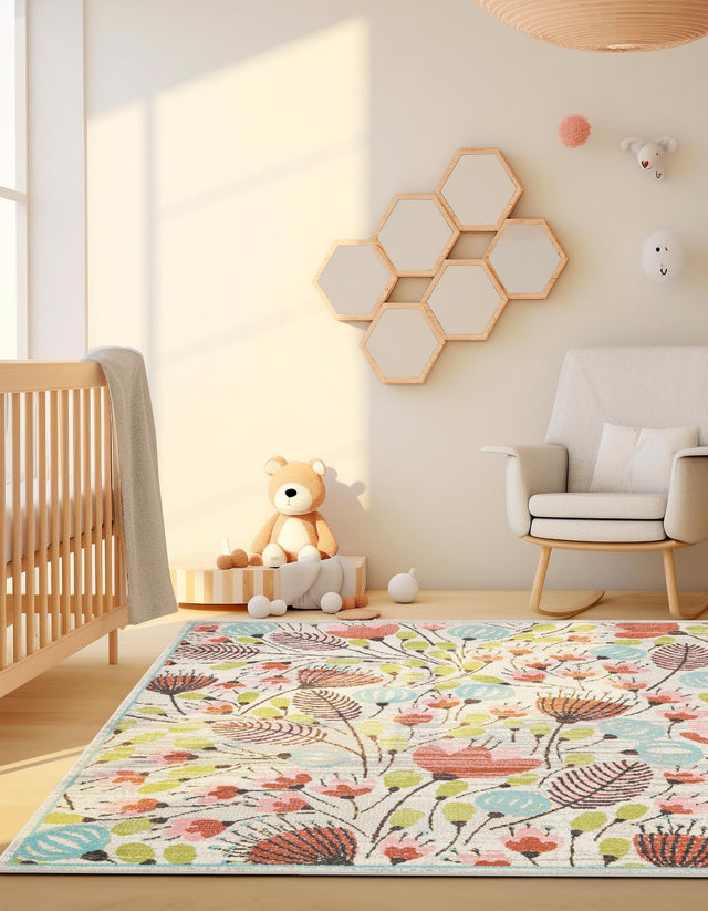 Ivory 7' 10 x 7' 10 Whimsy Kids Square Area Rug for Baby Nursery, Toddler Playroom, Bedrooms