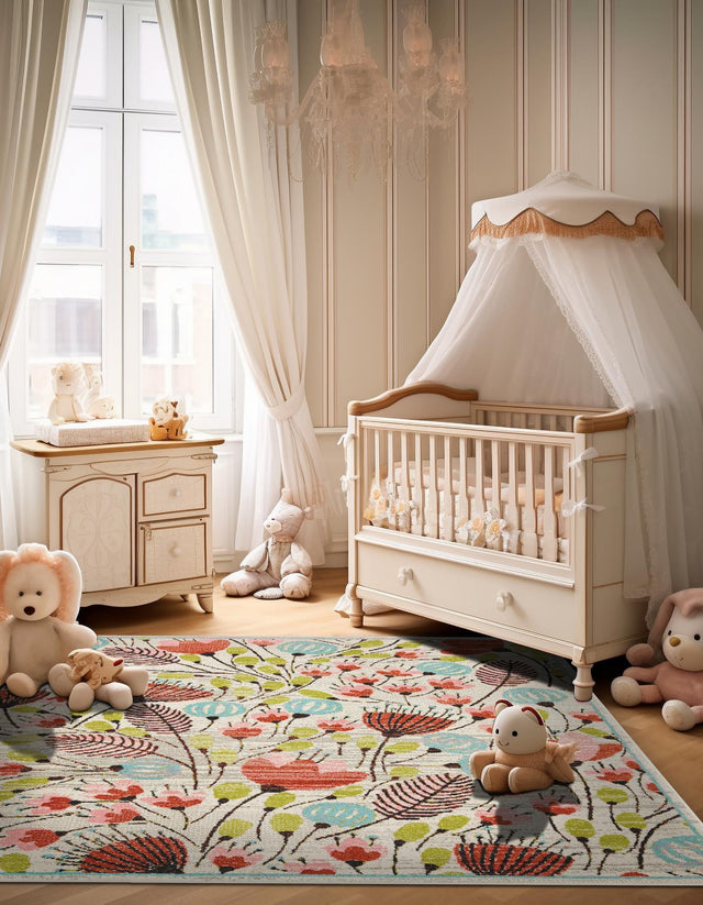 Ivory 7' 10 x 7' 10 Whimsy Kids Square Area Rug for Baby Nursery, Toddler Playroom, Bedrooms