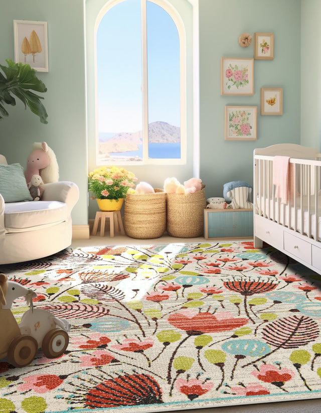 Ivory 7' 10 x 7' 10 Whimsy Kids Square Area Rug for Baby Nursery, Toddler Playroom, Bedrooms