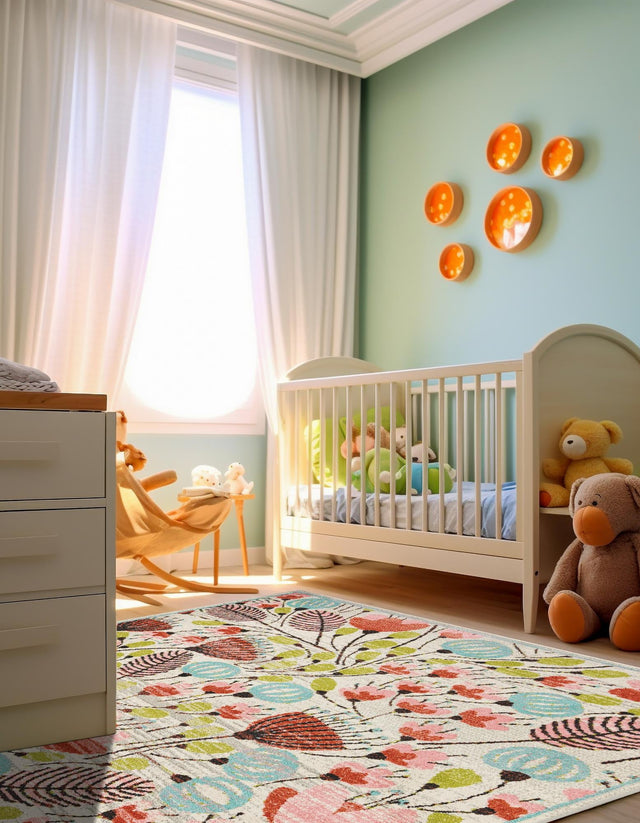 Ivory 7' 10 x 7' 10 Whimsy Kids Square Area Rug for Baby Nursery, Toddler Playroom, Bedrooms