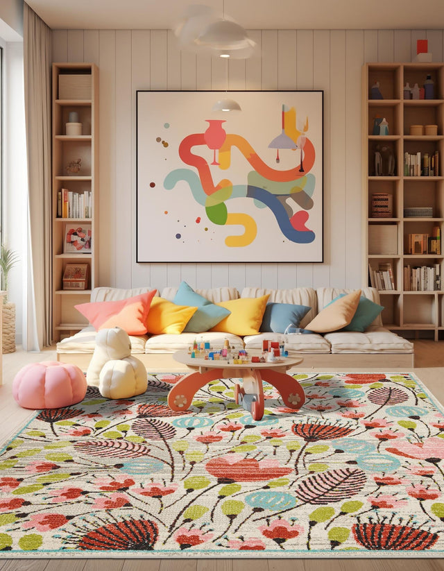 Ivory 7' 10 x 7' 10 Whimsy Kids Square Area Rug for Baby Nursery, Toddler Playroom, Bedrooms