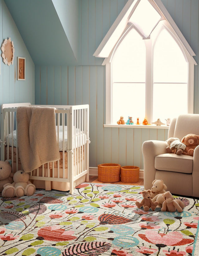 Ivory 7' 10 x 7' 10 Whimsy Kids Square Area Rug for Baby Nursery, Toddler Playroom, Bedrooms