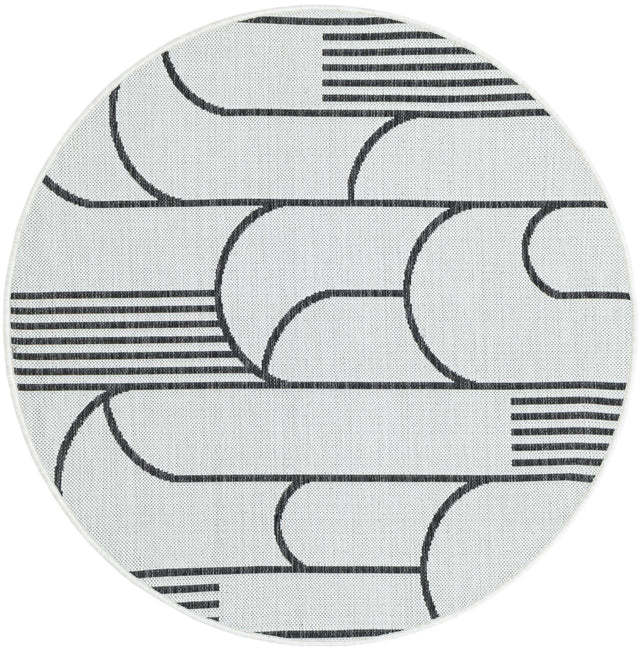 White and Black 4' 1 x 4' 1 Outdoor Modern Round Area Rug Weather Resistant for Patio, Deck, Terrace, Balcony, Porch 100% Polypropylene Modern Outside Carpet for Sale at Rug Engine