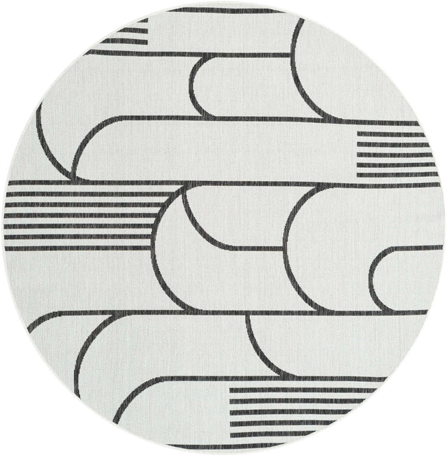 White and Black 6' 1 x 6' 1 Outdoor Modern Round Area Rug Weather Resistant for Patio, Deck, Terrace, Balcony, Porch 100% Polypropylene Modern Outside Carpet for Sale at Rug Engine