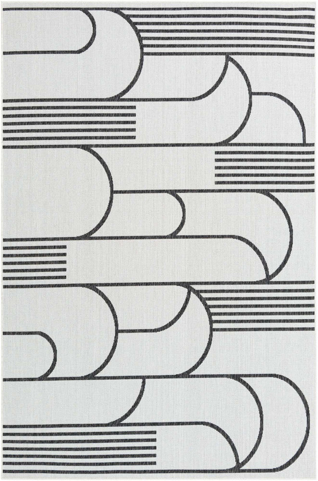 White and Black 6' 1 x 9' Outdoor Modern Rectangle Area Rug Weather Resistant for Patio, Deck, Terrace, Balcony, Porch 100% Polypropylene Modern Outside Carpet for Sale at Rug Engine