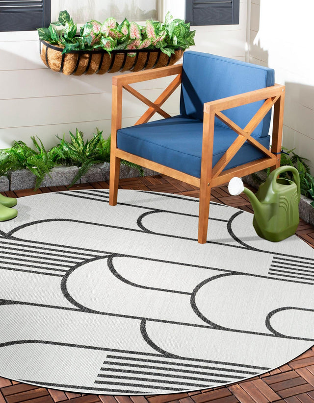 White and Black 7' 10 x 7' 10 Outdoor Modern Round Area Rug Weather Resistant for Patio, Deck, Terrace, Balcony, Porch 100% Polypropylene Modern Outside Carpet for Sale at Rug Engine