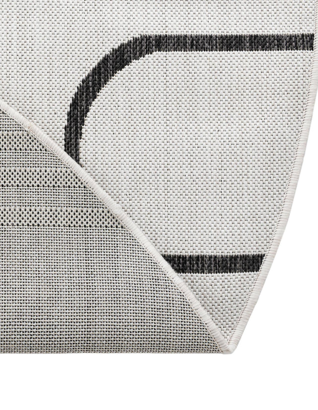 White and Black 7' 10 x 7' 10 Outdoor Modern Round Area Rug Weather Resistant for Patio, Deck, Terrace, Balcony, Porch 100% Polypropylene Modern Outside Carpet for Sale at Rug Engine