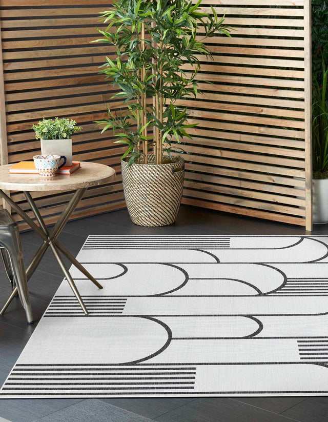 White and Black 10' x 10' Outdoor Modern Square Area Rug Weather Resistant for Patio, Deck, Terrace, Balcony, Porch 100% Polypropylene Modern Outside Carpet for Sale at Rug Engine