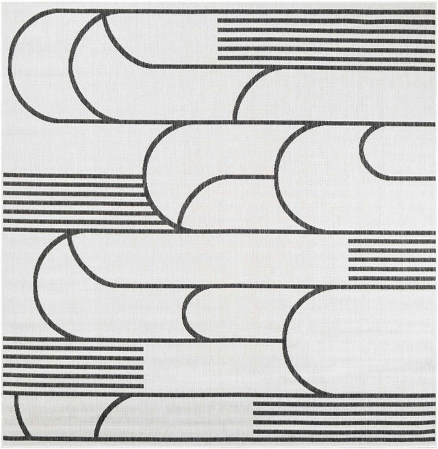 White and Black 7' 10 x 7' 10 Outdoor Modern Square Area Rug Weather Resistant for Patio, Deck, Terrace, Balcony, Porch 100% Polypropylene Modern Outside Carpet for Sale at Rug Engine