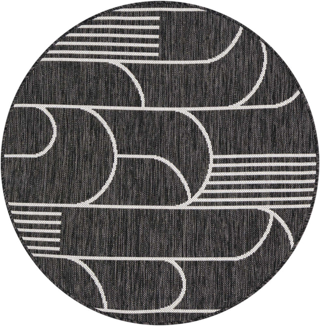 Black and White 3' 1 x 3' 1 Outdoor Modern Round Area Rug Weather Resistant for Patio, Deck, Terrace, Balcony, Porch 100% Polypropylene Modern Outside Carpet for Sale at Rug Engine