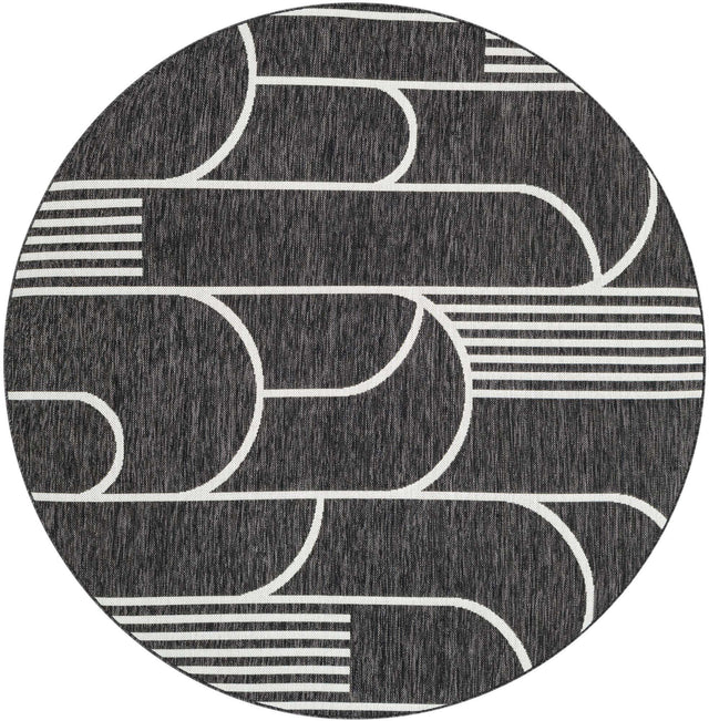 Black and White 6' 1 x 6' 1 Outdoor Modern Round Area Rug Weather Resistant for Patio, Deck, Terrace, Balcony, Porch 100% Polypropylene Modern Outside Carpet for Sale at Rug Engine