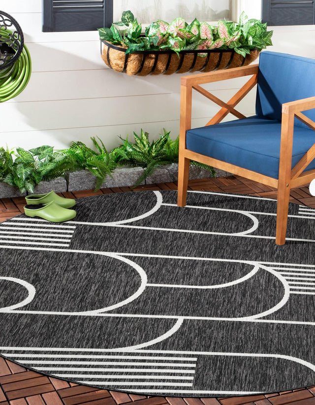 Black and White 3' 1 x 3' 1 Outdoor Modern Round Area Rug Weather Resistant for Patio, Deck, Terrace, Balcony, Porch 100% Polypropylene Modern Outside Carpet for Sale at Rug Engine