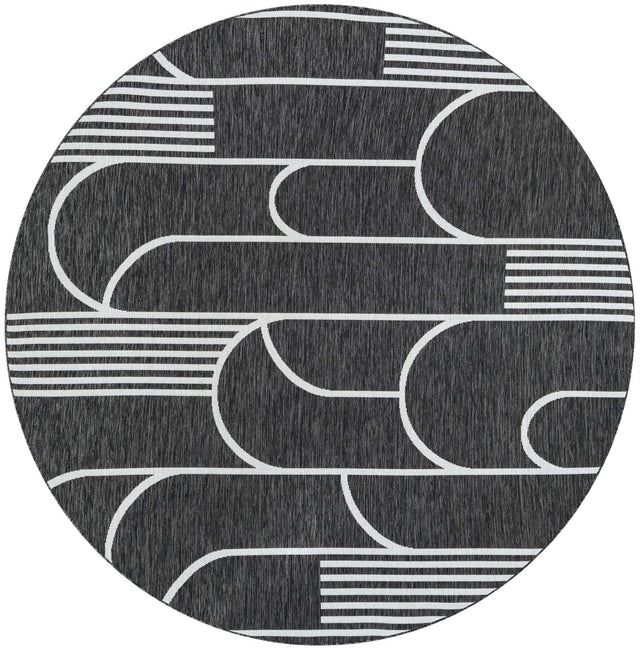 Black and White 7' 10 x 7' 10 Outdoor Modern Round Area Rug Weather Resistant for Patio, Deck, Terrace, Balcony, Porch 100% Polypropylene Modern Outside Carpet for Sale at Rug Engine