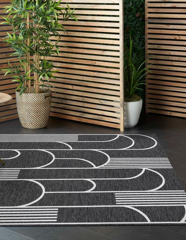 Black and White 10' x 10' Outdoor Modern Square Area Rug Weather Resistant for Patio, Deck, Terrace, Balcony, Porch 100% Polypropylene Modern Outside Carpet for Sale at Rug Engine