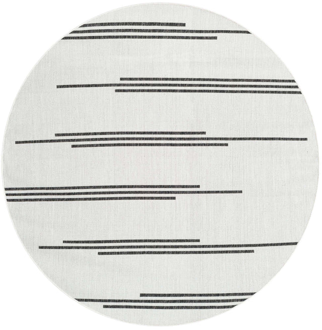 White and Black 6' 1 x 6' 1 Outdoor Modern Round Area Rug Weather Resistant for Patio, Deck, Terrace, Balcony, Porch 100% Polypropylene Modern Outside Carpet for Sale at Rug Engine