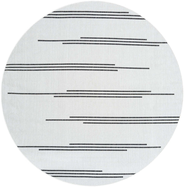 White and Black 7' 10 x 7' 10 Outdoor Modern Round Area Rug Weather Resistant for Patio, Deck, Terrace, Balcony, Porch 100% Polypropylene Modern Outside Carpet for Sale at Rug Engine