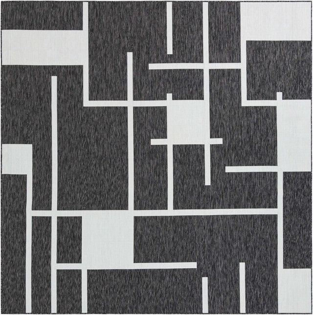 Black and White 10' x 10' Outdoor Modern Square Area Rug Weather Resistant for Patio, Deck, Terrace, Balcony, Porch 100% Polypropylene Modern Outside Carpet for Sale at Rug Engine