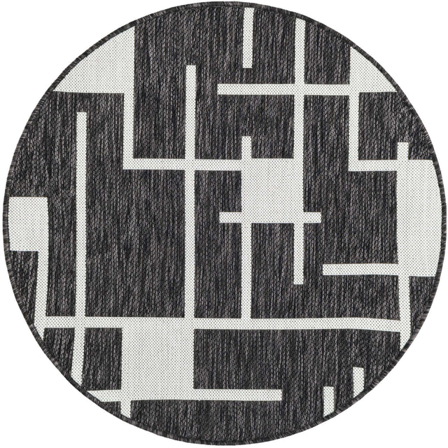 Black and White 3' 1 x 3' 1 Outdoor Modern Round Area Rug Weather Resistant for Patio, Deck, Terrace, Balcony, Porch 100% Polypropylene Modern Outside Carpet for Sale at Rug Engine