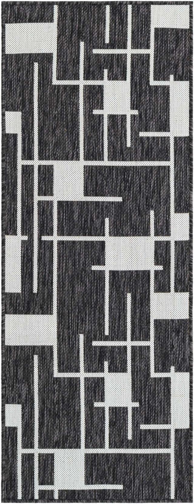 Black and White 2' x 5' 3 Outdoor Modern Runner Area Rug Weather Resistant for Patio, Deck, Terrace, Balcony, Porch 100% Polypropylene Modern Outside Carpet for Sale at Rug Engine