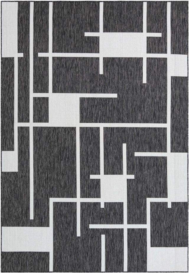 Black and White 7' 1 x 10' Outdoor Modern Rectangle Area Rug Weather Resistant for Patio, Deck, Terrace, Balcony, Porch 100% Polypropylene Modern Outside Carpet for Sale at Rug Engine