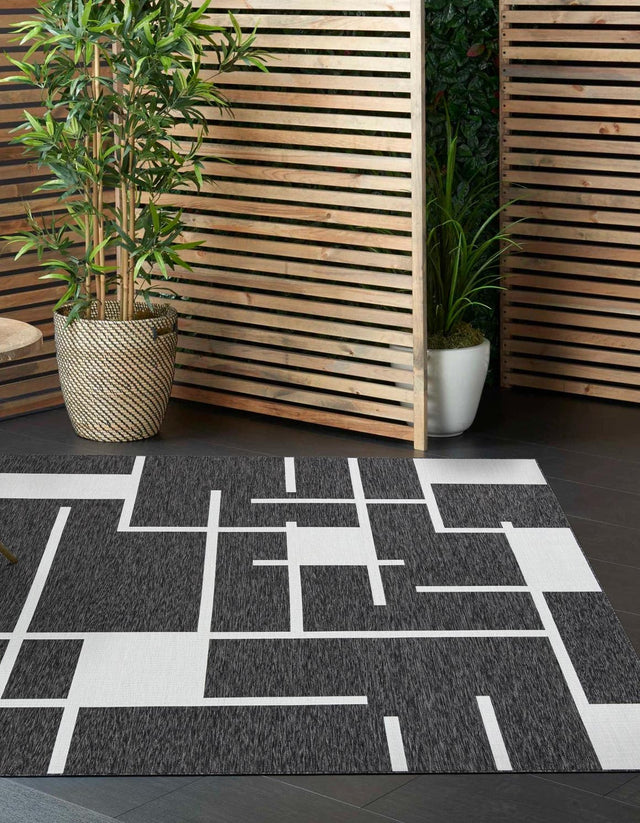 Black and White 7' 10 x 7' 10 Outdoor Modern Square Area Rug Weather Resistant for Patio, Deck, Terrace, Balcony, Porch 100% Polypropylene Modern Outside Carpet for Sale at Rug Engine