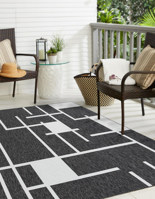 Black and White 10' x 10' Outdoor Modern Square Area Rug Weather Resistant for Patio, Deck, Terrace, Balcony, Porch 100% Polypropylene Modern Outside Carpet for Sale at Rug Engine