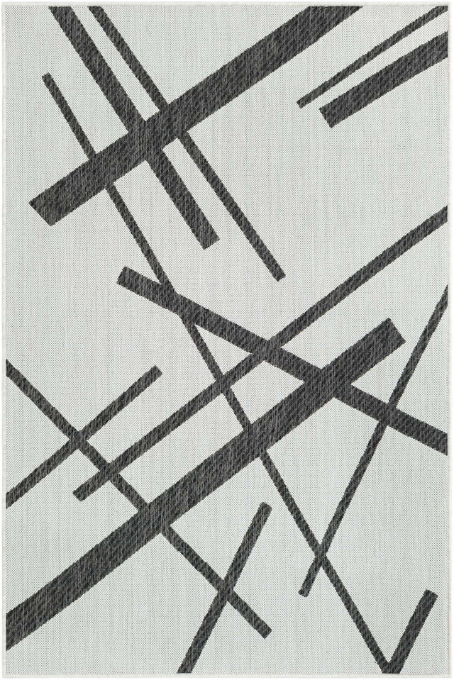 Black and White 4' 1 x 6' 1 Outdoor Modern Rectangle Area Rug Weather Resistant for Patio, Deck, Terrace, Balcony, Porch 100% Polypropylene Modern Outside Carpet for Sale at Rug Engine