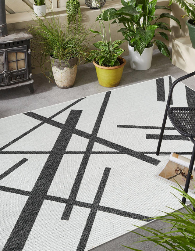 Black and White 6' 1 x 9' Outdoor Modern Rectangle Area Rug Weather Resistant for Patio, Deck, Terrace, Balcony, Porch 100% Polypropylene Modern Outside Carpet for Sale at Rug Engine