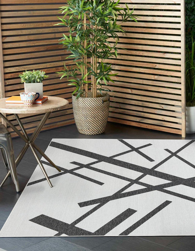 Black and White 12' x 12' Outdoor Modern Square Area Rug Weather Resistant for Patio, Deck, Terrace, Balcony, Porch 100% Polypropylene Modern Outside Carpet for Sale at Rug Engine