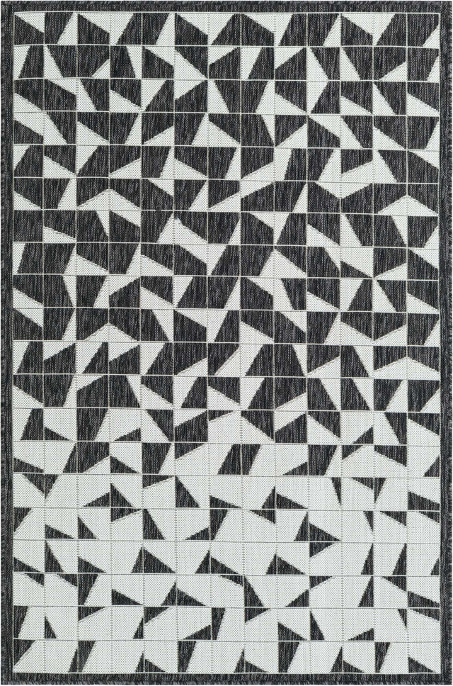 Black and White 4' 1 x 6' 1 Outdoor Modern Rectangle Area Rug Weather Resistant for Patio, Deck, Terrace, Balcony, Porch 100% Polypropylene Modern Outside Carpet for Sale at Rug Engine