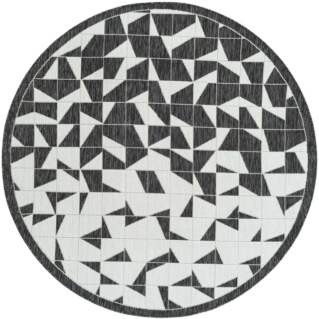 Black and White 6' 1 x 6' 1 Outdoor Modern Round Area Rug Weather Resistant for Patio, Deck, Terrace, Balcony, Porch 100% Polypropylene Modern Outside Carpet for Sale at Rug Engine