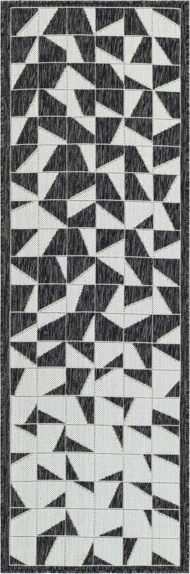Black and White 2' x 6' 1 Outdoor Modern Runner Area Rug Weather Resistant for Patio, Deck, Terrace, Balcony, Porch 100% Polypropylene Modern Outside Carpet for Sale at Rug Engine