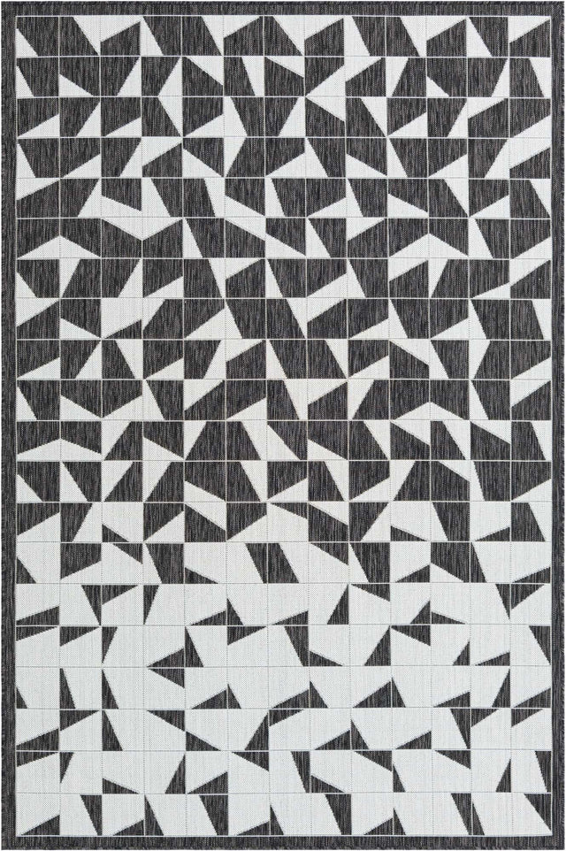 Black and White 6' 1 x 9' Outdoor Modern Rectangle Area Rug Weather Resistant for Patio, Deck, Terrace, Balcony, Porch 100% Polypropylene Modern Outside Carpet for Sale at Rug Engine