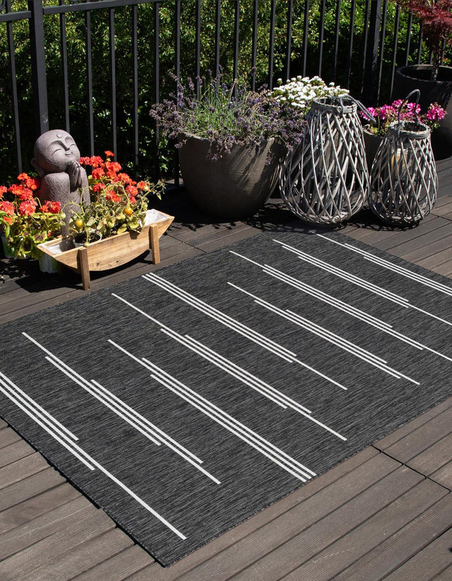 Black and White 9' x 12' Outdoor Modern Rectangle Area Rug Weather Resistant for Patio, Deck, Terrace, Balcony, Porch 100% Polypropylene Modern Outside Carpet for Sale at Rug Engine