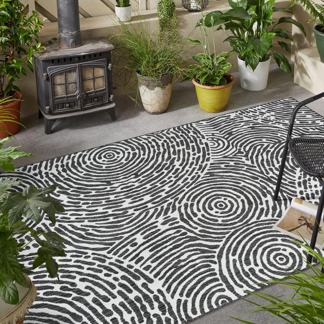 Black and White 7' 1 x 10' Outdoor Modern Rectangle Area Rug Weather Resistant for Patio, Deck, Terrace, Balcony, Porch 100% Polypropylene Modern Outside Carpet for Sale at Rug Engine