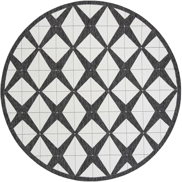 Black and White 10' x 10' Outdoor Modern Round Area Rug Weather Resistant for Patio, Deck, Terrace, Balcony, Porch 100% Polypropylene Modern Outside Carpet for Sale at Rug Engine