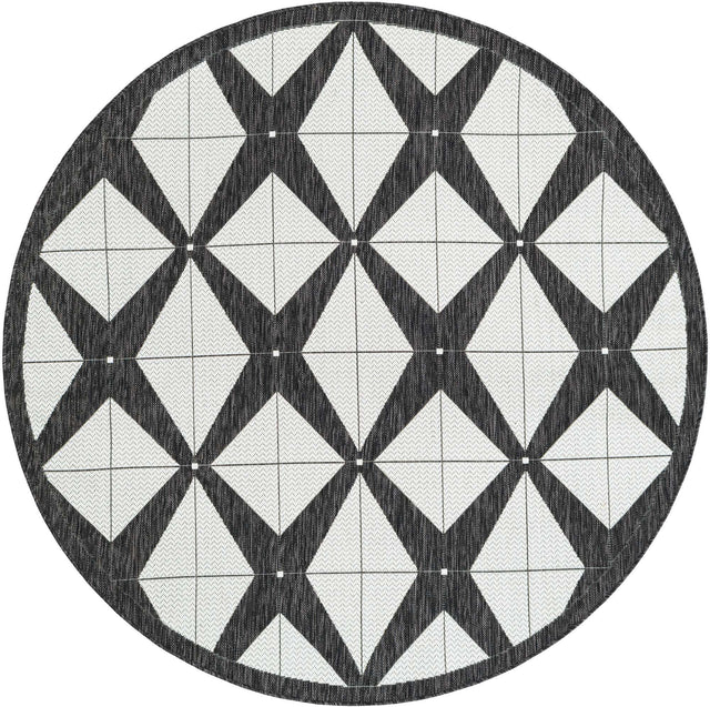 Black and White 6' 1 x 6' 1 Outdoor Modern Round Area Rug Weather Resistant for Patio, Deck, Terrace, Balcony, Porch 100% Polypropylene Modern Outside Carpet for Sale at Rug Engine
