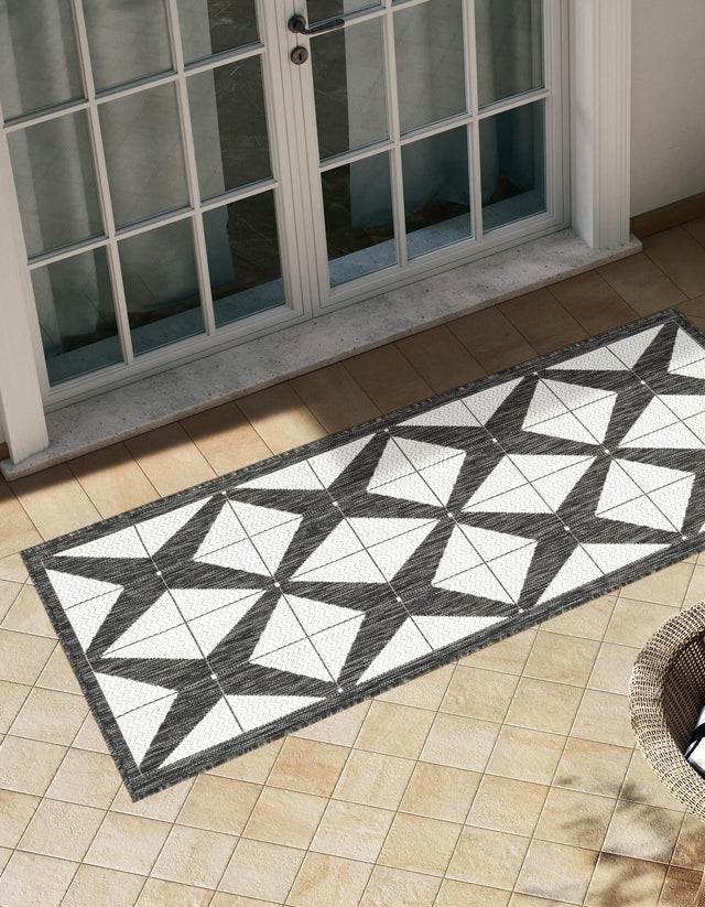 Black and White 2' x 6' 1 Outdoor Modern Runner Area Rug Weather Resistant for Patio, Deck, Terrace, Balcony, Porch 100% Polypropylene Modern Outside Carpet for Sale at Rug Engine