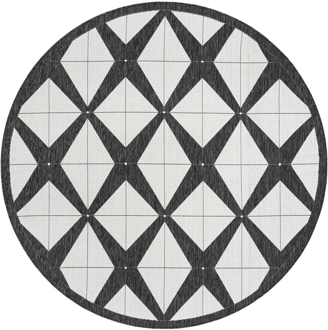 Black and White 7' 10 x 7' 10 Outdoor Modern Round Area Rug Weather Resistant for Patio, Deck, Terrace, Balcony, Porch 100% Polypropylene Modern Outside Carpet for Sale at Rug Engine
