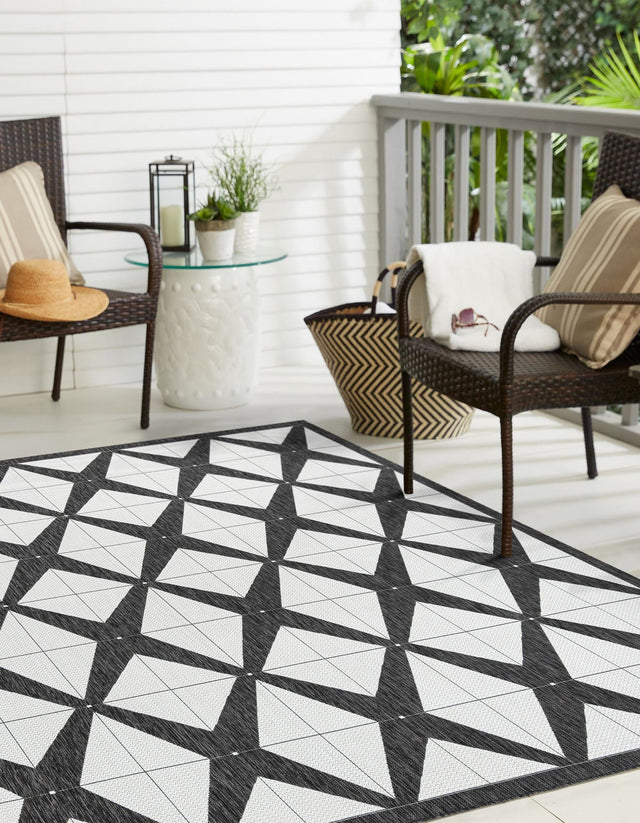 Black and White 12' x 12' Outdoor Modern Square Area Rug Weather Resistant for Patio, Deck, Terrace, Balcony, Porch 100% Polypropylene Modern Outside Carpet for Sale at Rug Engine