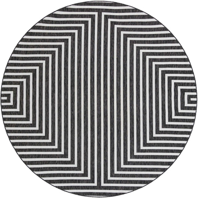 Black and White 10' x 10' Outdoor Modern Round Area Rug Weather Resistant for Patio, Deck, Terrace, Balcony, Porch 100% Polypropylene Modern Outside Carpet for Sale at Rug Engine