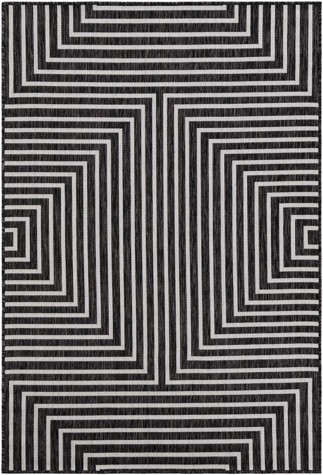 Black and White 4' 1 x 6' 1 Outdoor Modern Rectangle Area Rug Weather Resistant for Patio, Deck, Terrace, Balcony, Porch 100% Polypropylene Modern Outside Carpet for Sale at Rug Engine