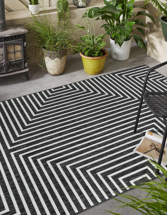 Black and White 7' 1 x 10' Outdoor Modern Rectangle Area Rug Weather Resistant for Patio, Deck, Terrace, Balcony, Porch 100% Polypropylene Modern Outside Carpet for Sale at Rug Engine