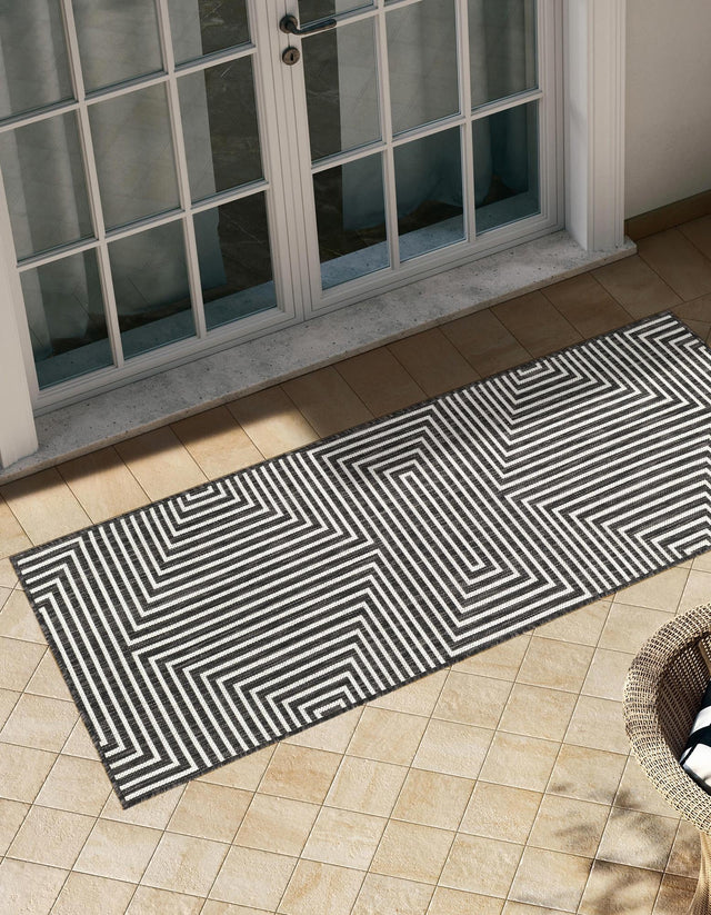 Black and White 2' x 8' Outdoor Modern Runner Area Rug Weather Resistant for Patio, Deck, Terrace, Balcony, Porch 100% Polypropylene Modern Outside Carpet for Sale at Rug Engine