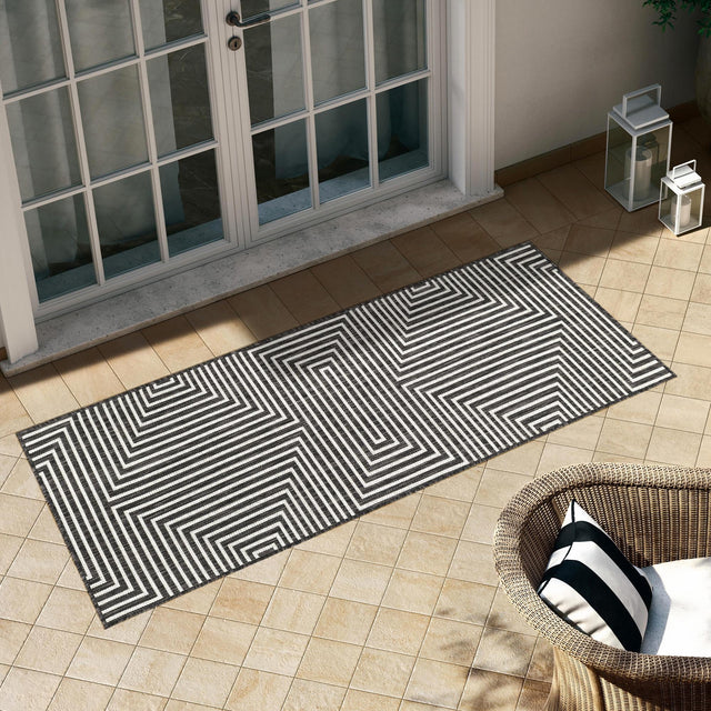 Black and White 2' x 8' Outdoor Modern Runner Area Rug Weather Resistant for Patio, Deck, Terrace, Balcony, Porch 100% Polypropylene Modern Outside Carpet for Sale at Rug Engine