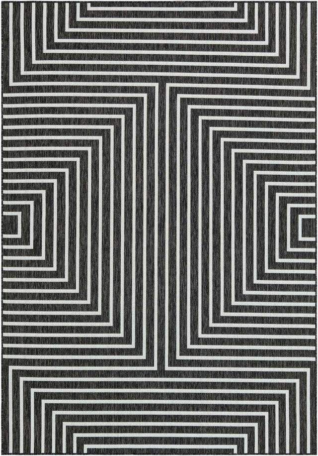 Black and White 7' 1 x 10' Outdoor Modern Rectangle Area Rug Weather Resistant for Patio, Deck, Terrace, Balcony, Porch 100% Polypropylene Modern Outside Carpet for Sale at Rug Engine