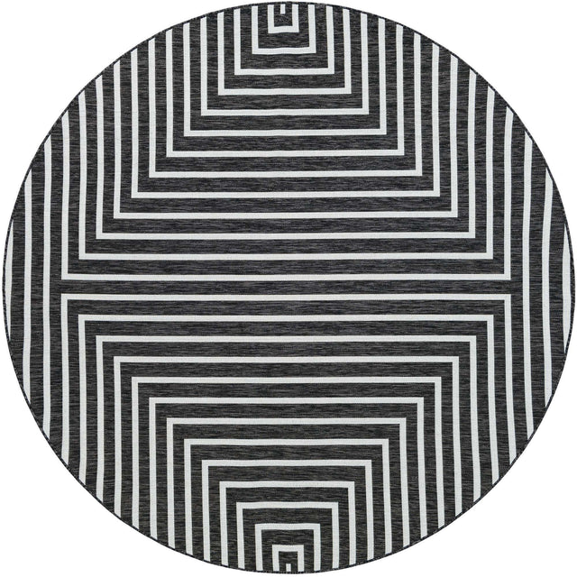 Black and White 7' 10 x 7' 10 Outdoor Modern Round Area Rug Weather Resistant for Patio, Deck, Terrace, Balcony, Porch 100% Polypropylene Modern Outside Carpet for Sale at Rug Engine